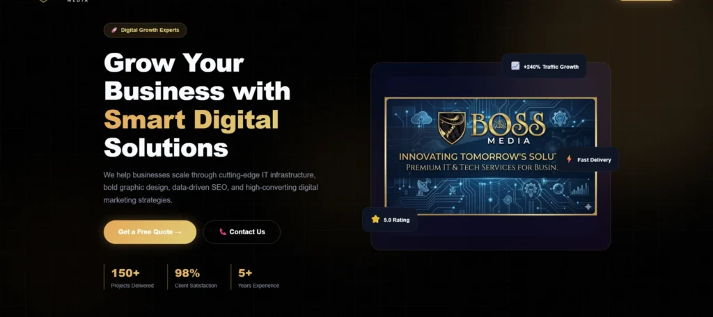 The Boss Media tech solutions and digital marketing portfolio website developed by TimetoHive